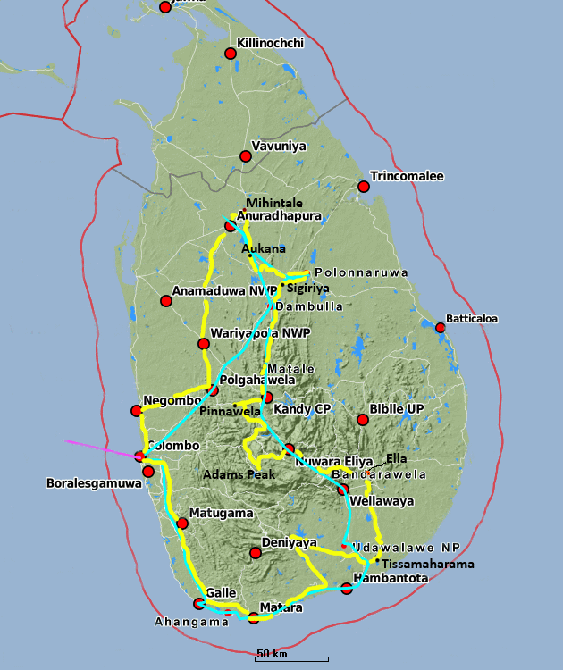 Sri-Lanka Landkarte mit Reiseroute