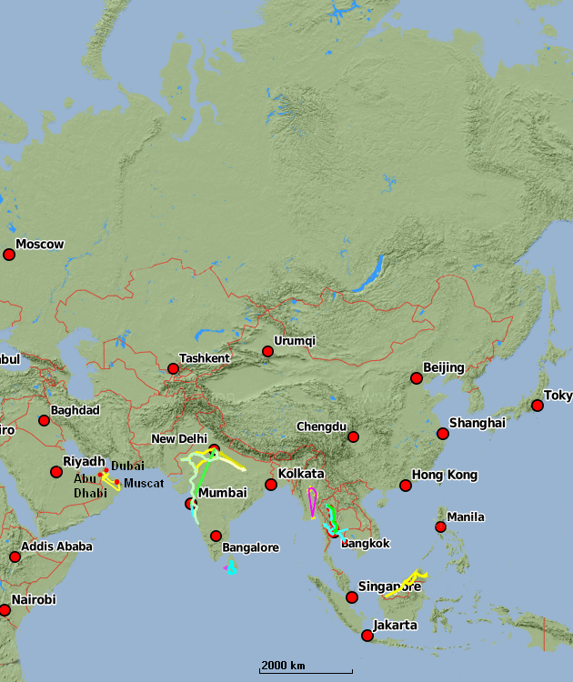 Asien-Landkarte mit Reiserouten