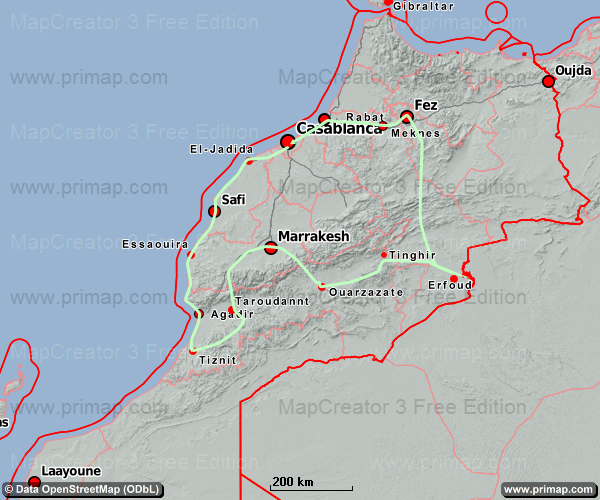 Marokkokarte mit reiseroute